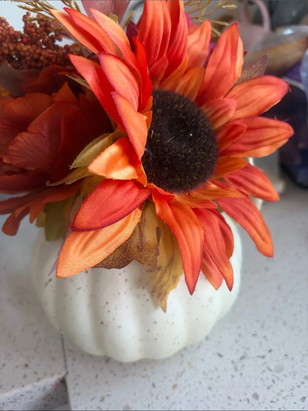 Autumn Harvest White Pumpkin Floral Arrangement with Sunflower New